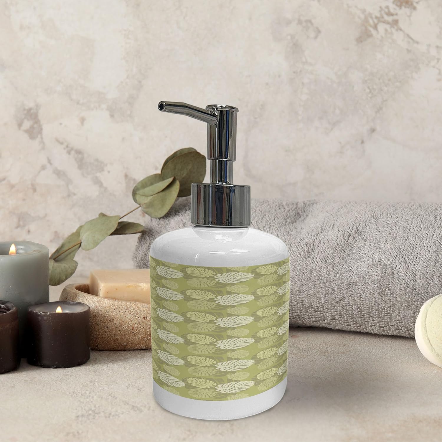 Ambesonne Ceramic Soap Dispenser Toothbrush Holder Set 2 Pcs Jungle Forest Design