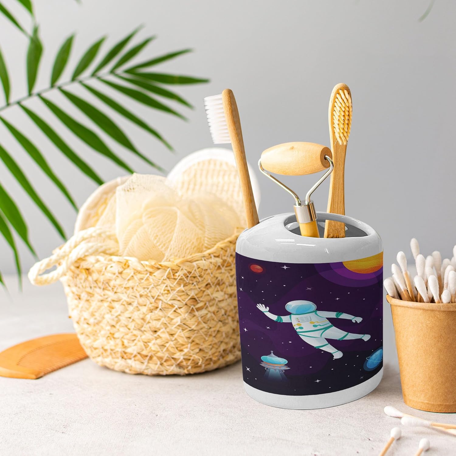 Ambesonne Universe Soap Dispenser Toothbrush Holder Set Ceramic Dark Purple