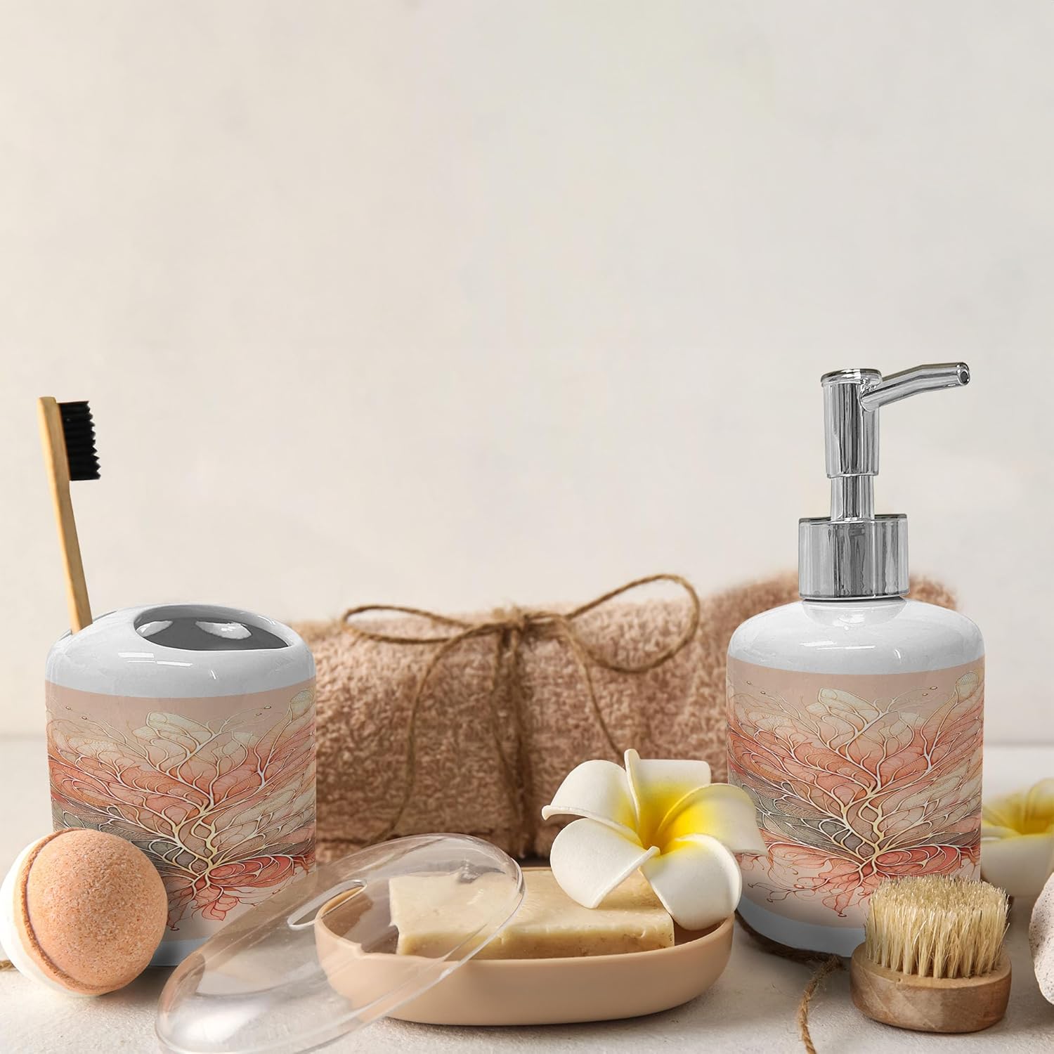 Ambesonne Peach Soap Dispenser Toothbrush Holder Set 2 Pcs