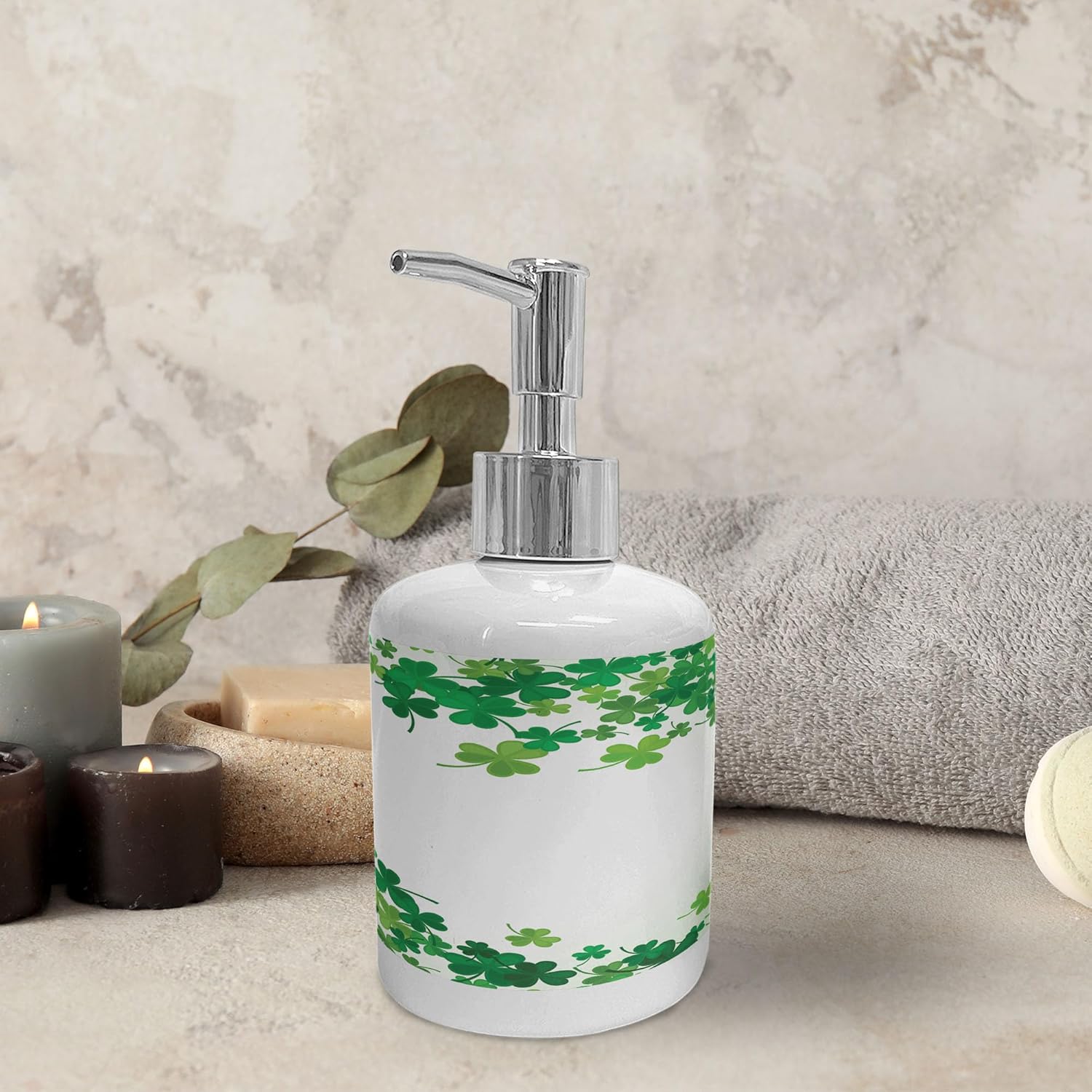 Ambesonne Clover Soap Dispenser Toothbrush Holder Set 2 Pcs Green Fern Green