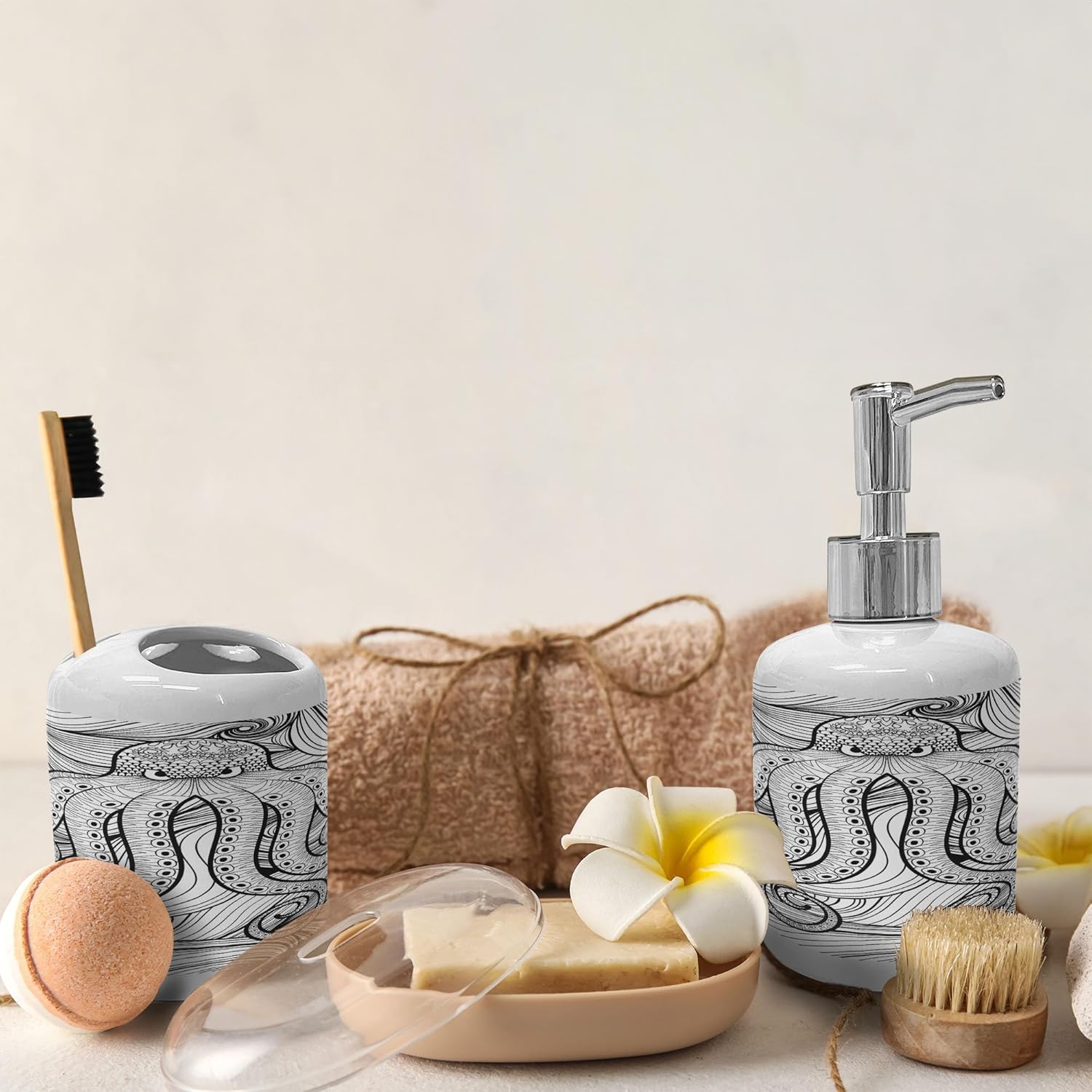 Ambesonne Octopus Soap Dispenser Toothbrush Holder Set Black White 1