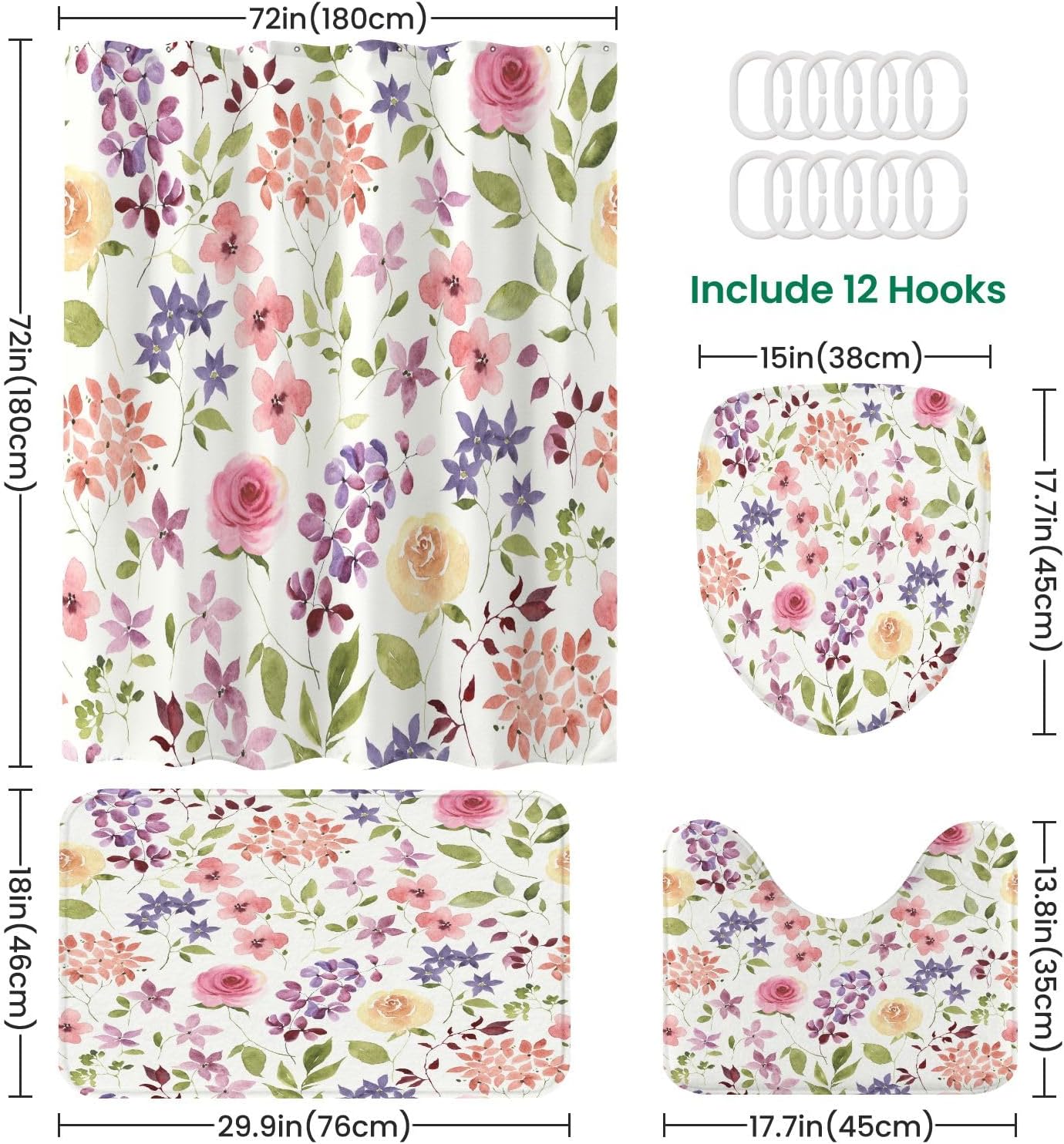 4-Piece Shower Curtain Set with Rugs and Mats