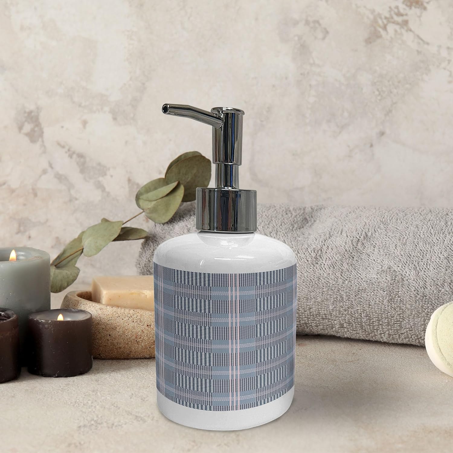 Ambesonne Plaid Soap Dispenser Toothbrush Holder Set 2 Pcs Charcoal Grey White Rose