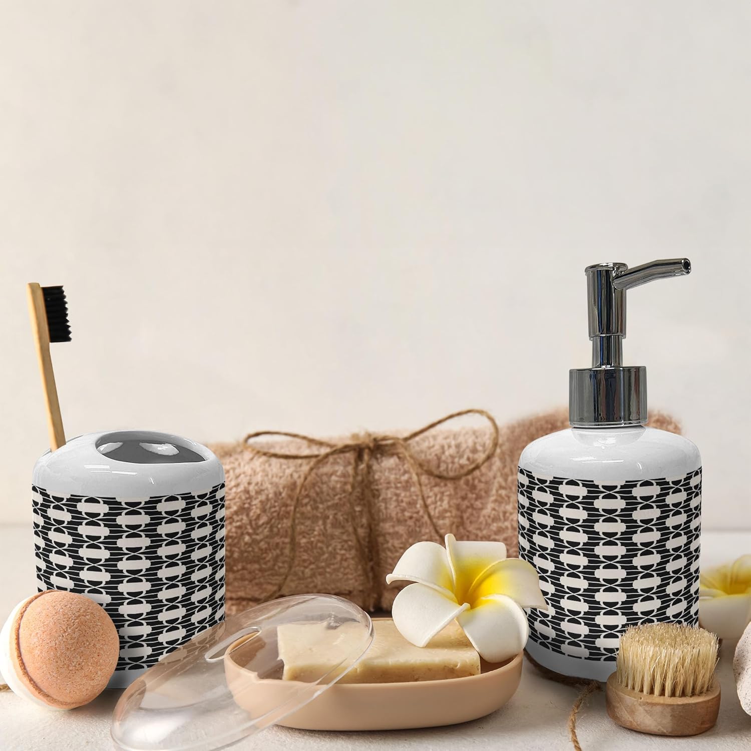 Ambesonne Ceramic Soap Toothbrush Holder Set 2 Pcs Charcoal Grey White