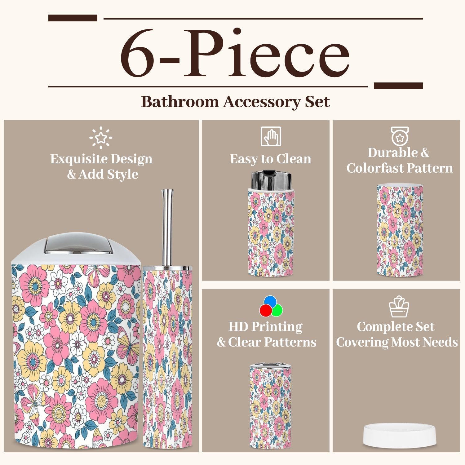 6 Piece Retro Floral Bathroom Accessories Set