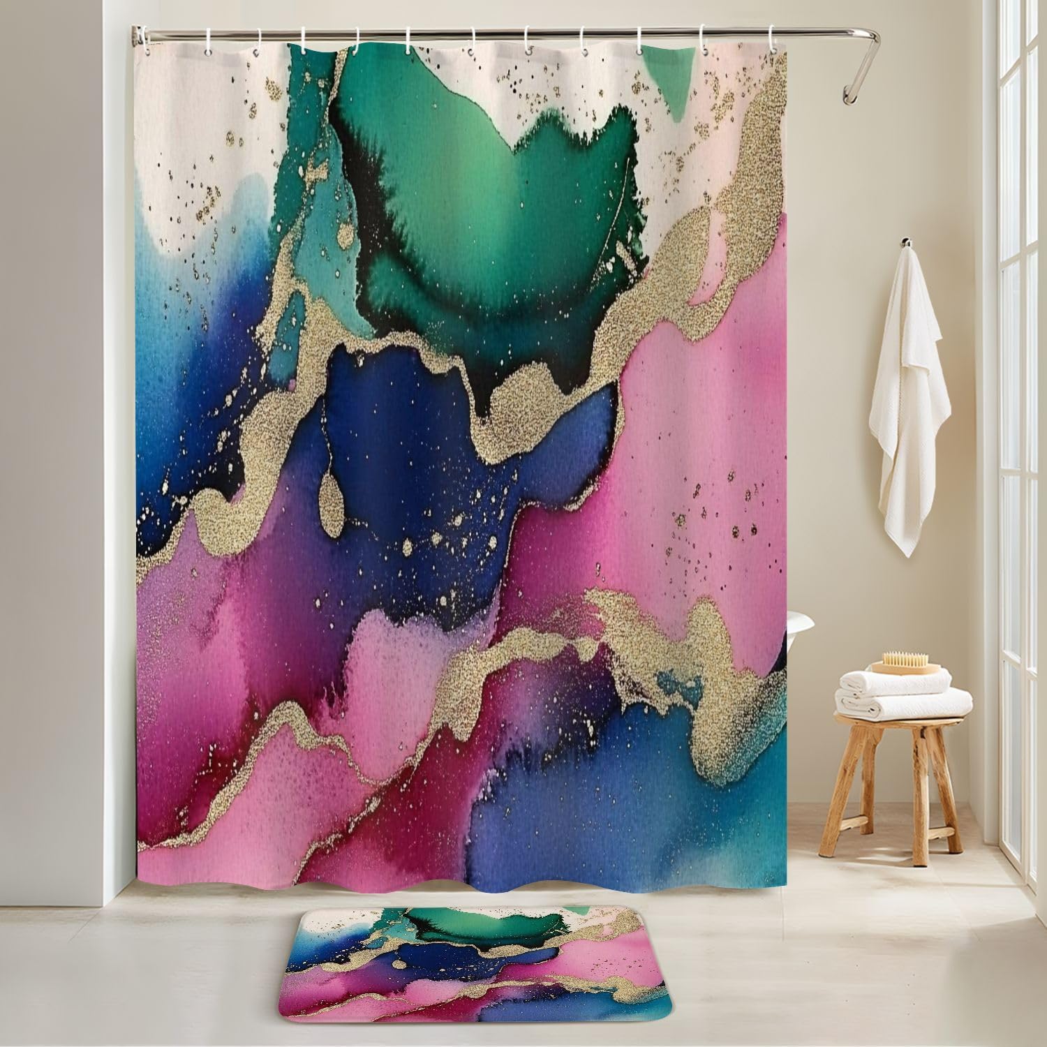 4 Piece Shower Curtain Set with Rugs and Non-Slip Mats