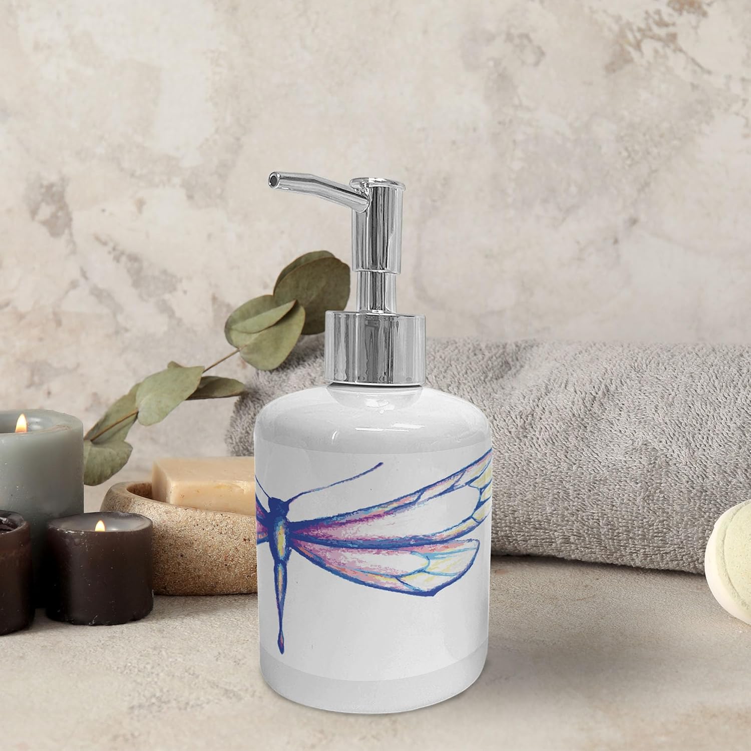 Ambesonne Dragonfly Ceramic Soap Dispenser Toothbrush Holder Set 2 Pcs