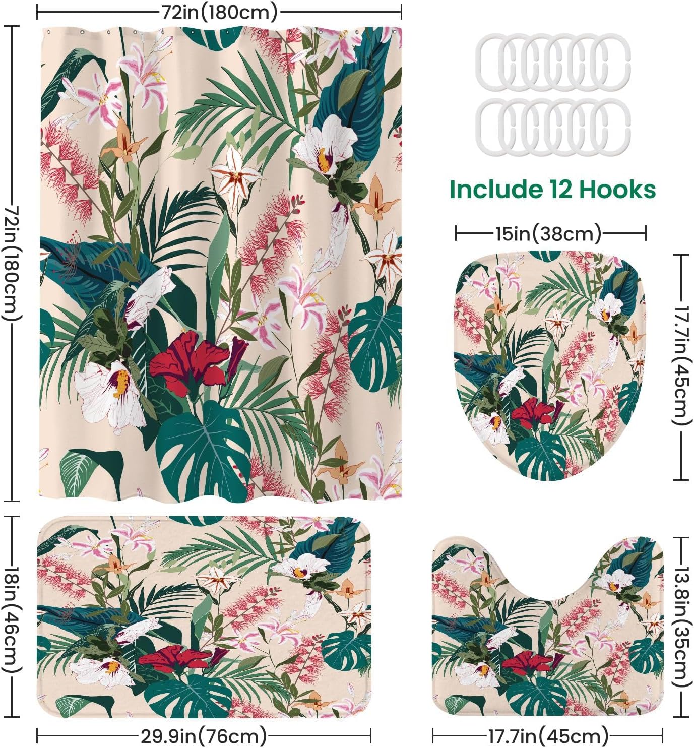 JCOOKLOFTS 4 Piece Tropical Flower Shower Set