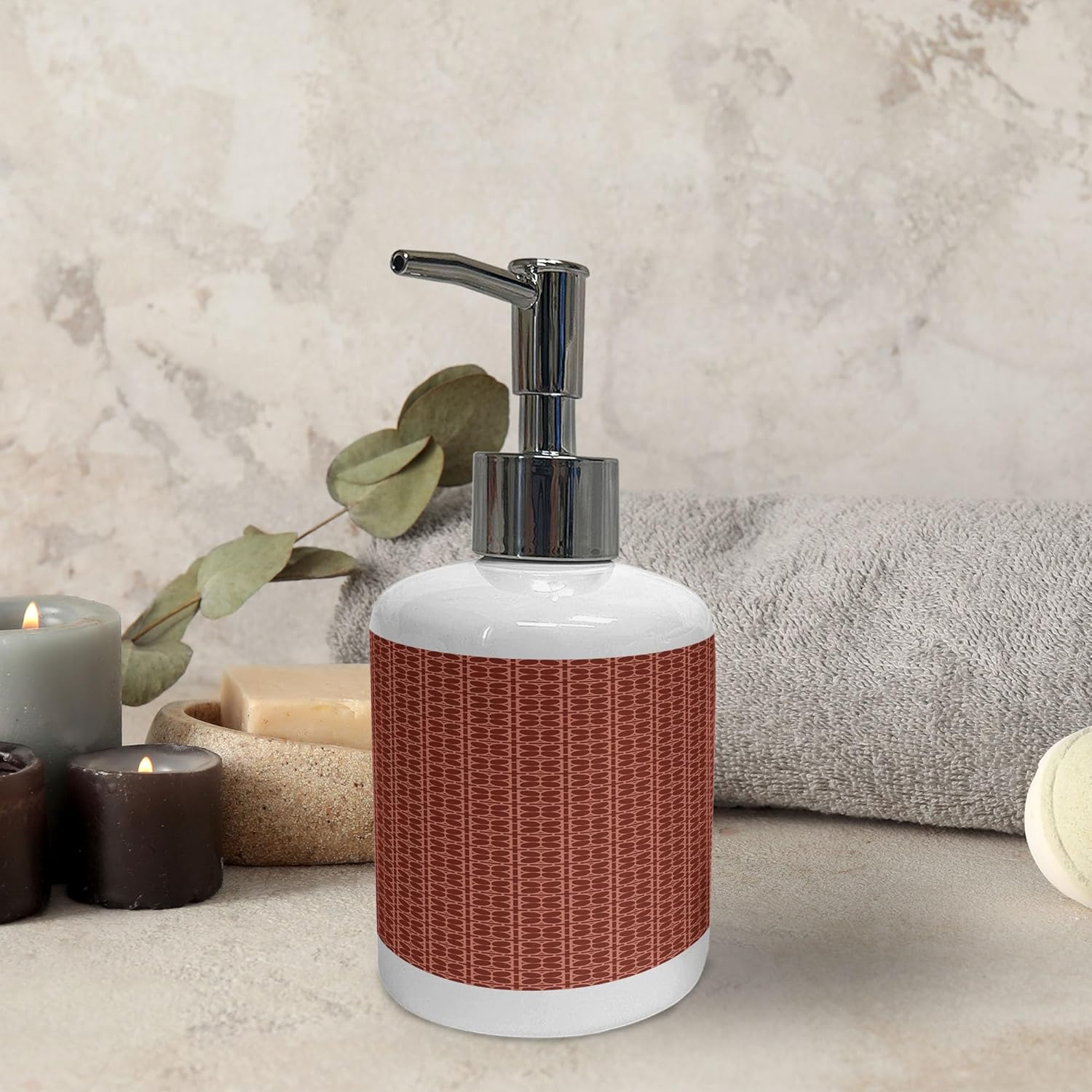 Ambesonne Geometric Soap Dispenser and Toothbrush Holder Set Dark Rust Redwood Ceramic