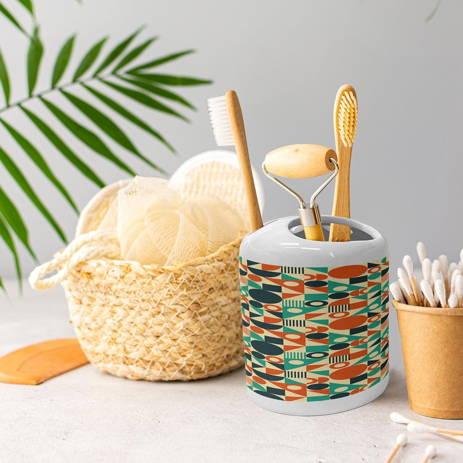 Ambesonne Geometric Soap Toothbrush Holder Set 2 Pcs Mid-Century Style