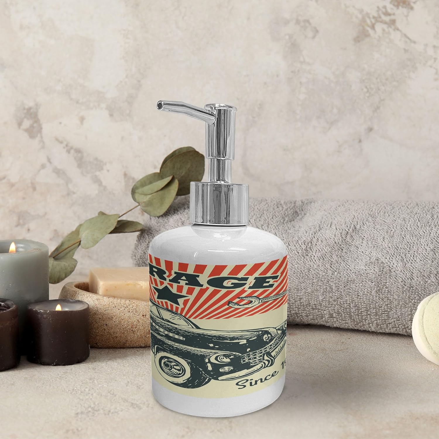 Ambesonne Ceramic Soap Toothbrush Holder Set Retro Advertising Poster Style Emerald Orange