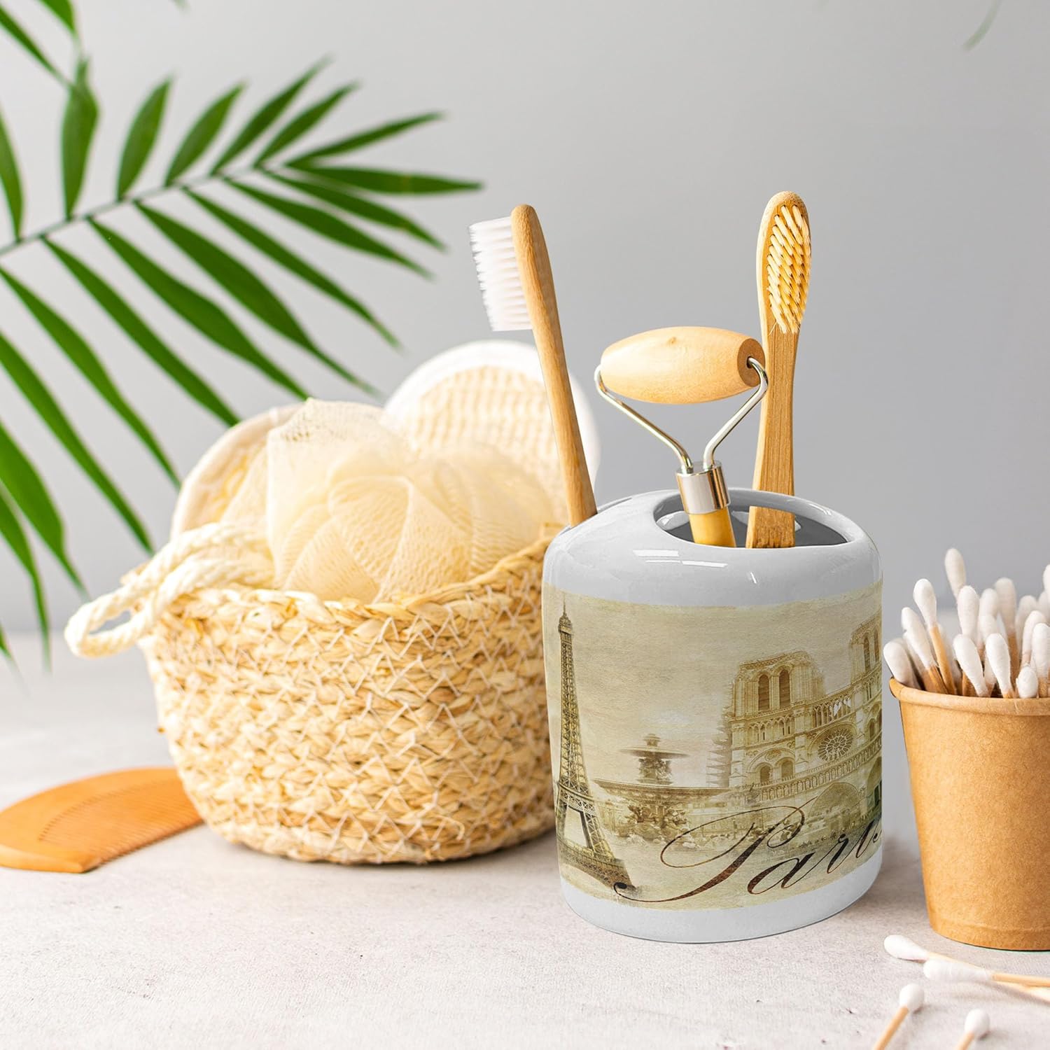 Ambesonne Paris Ceramic Soap Toothbrush Holder Set 2 Pcs Beige