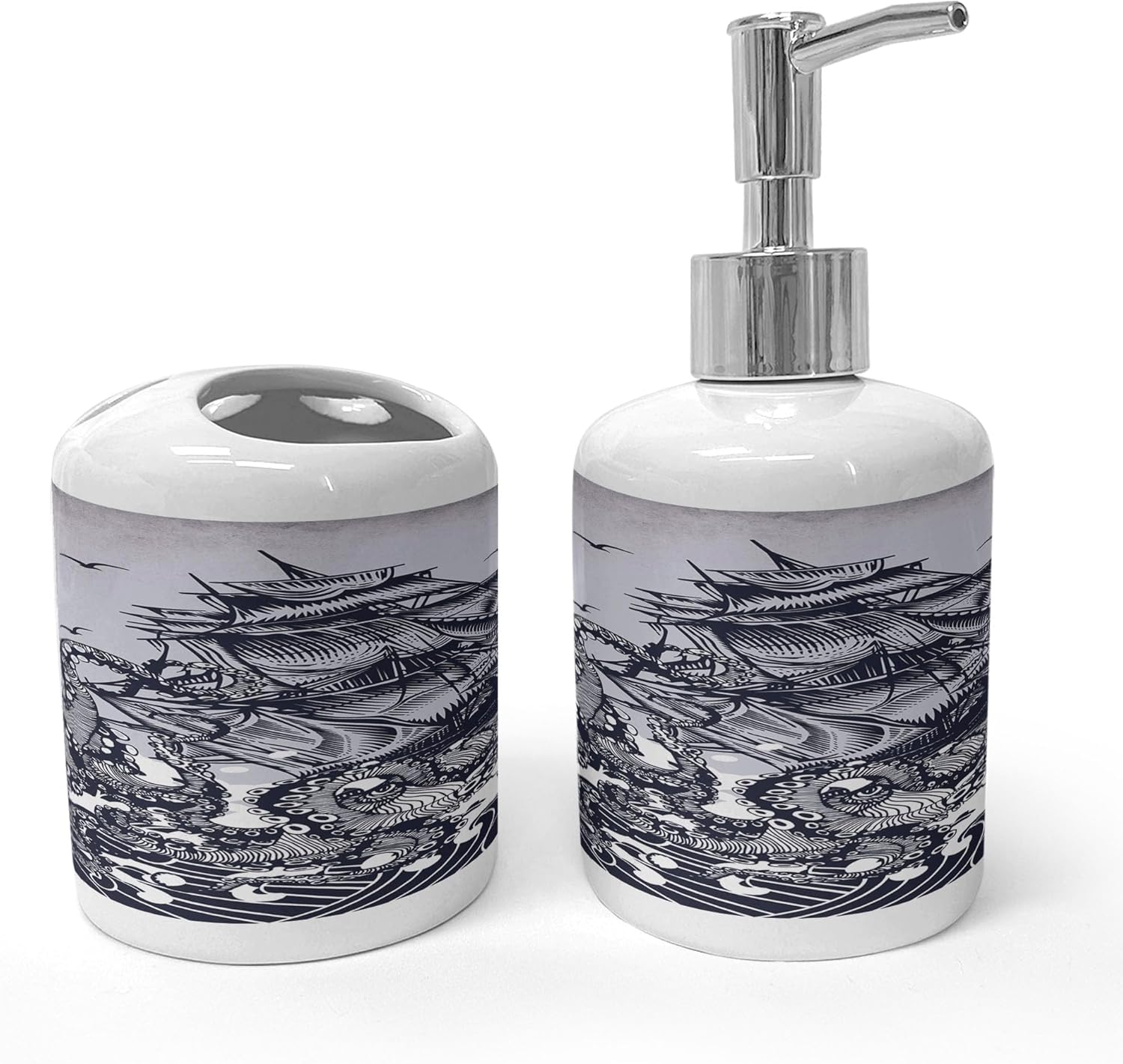 Ambesonne Nautical Soap Dispenser Toothbrush Holder Set Indigo Purple Blue