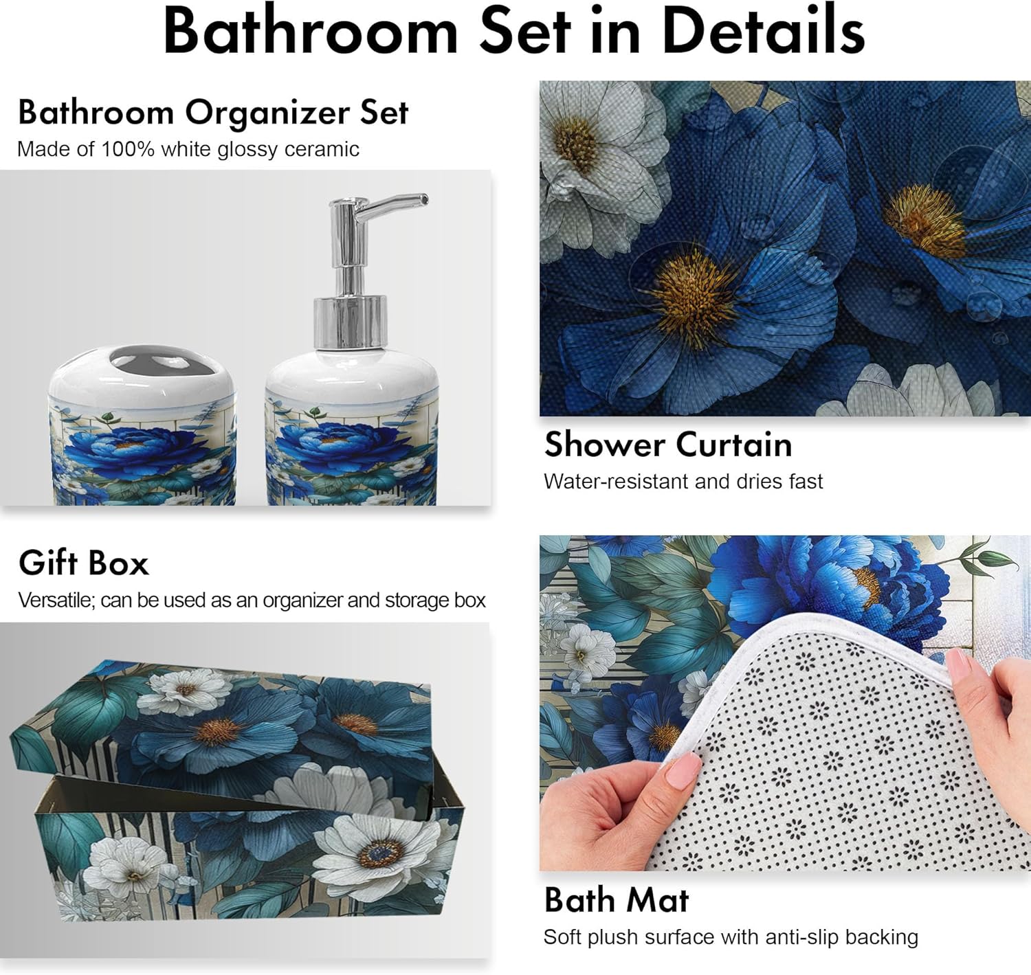 Ambesonne Blue Bathroom Decor Set 4 Pcs