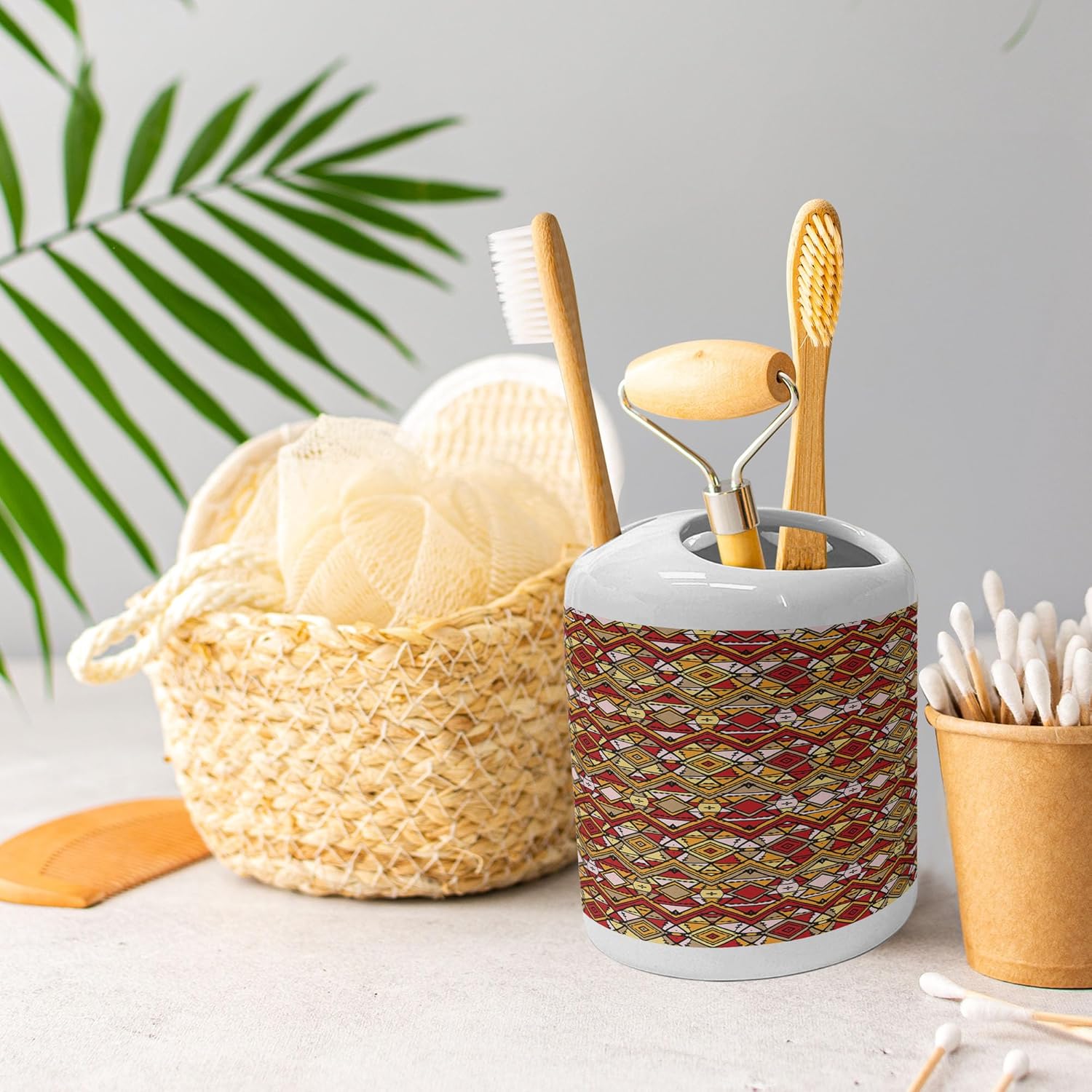 Ambesonne Chevron Soap Toothbrush Holder Set Earth Yellow Pale Taupe