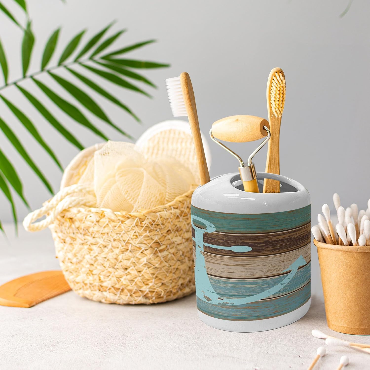 Ambesonne Anchor Soap Dispenser Toothbrush Holder Set Pale Blue Brown Teal