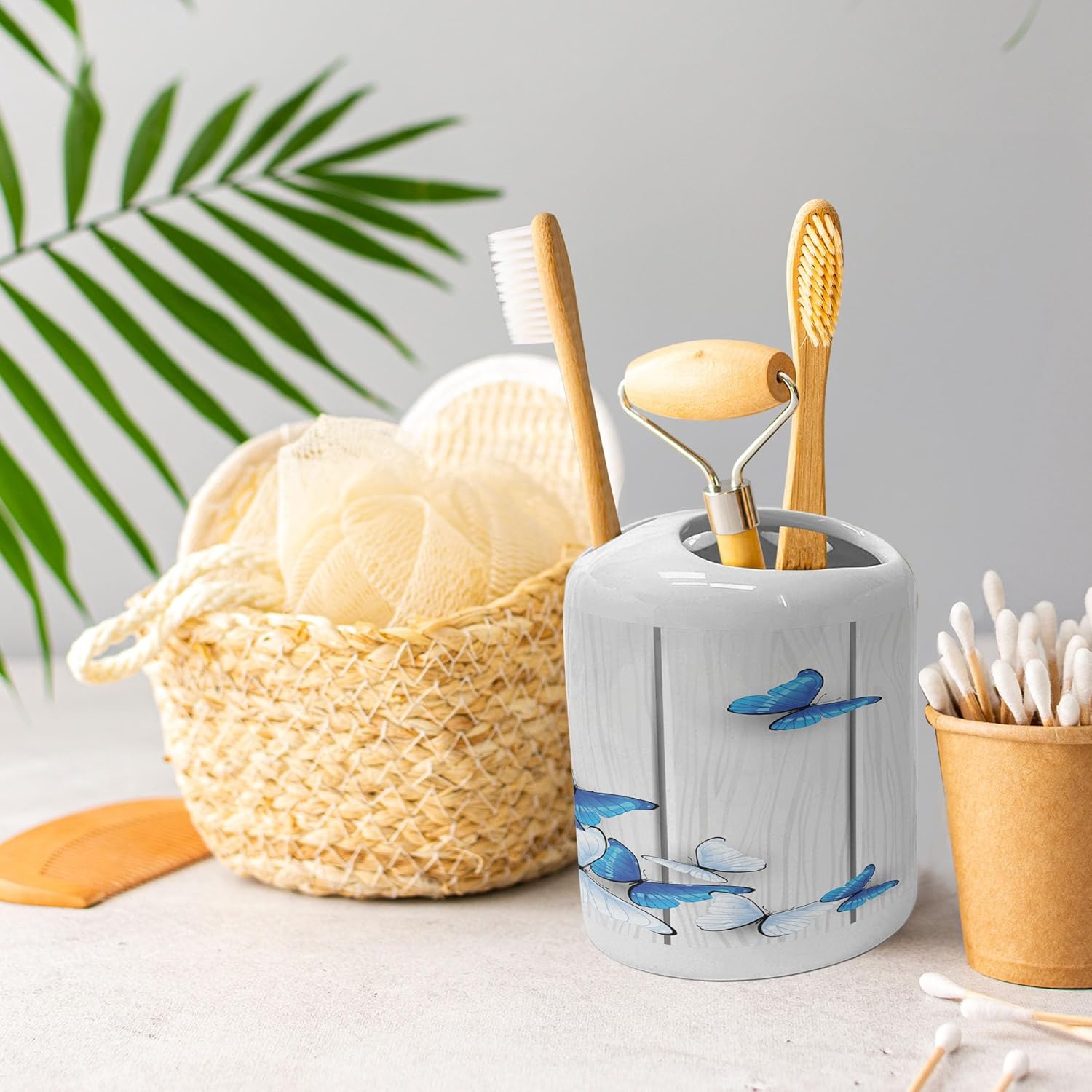 Ambesonne Ceramic Soap Toothbrush Holder Set Blue White Butterflies