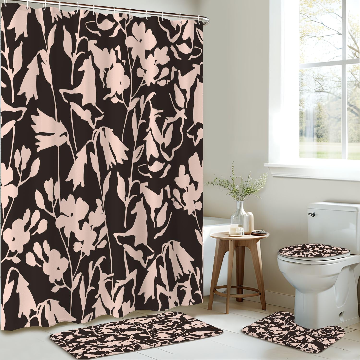 4 Piece Shower Curtain Set with Floral Pattern