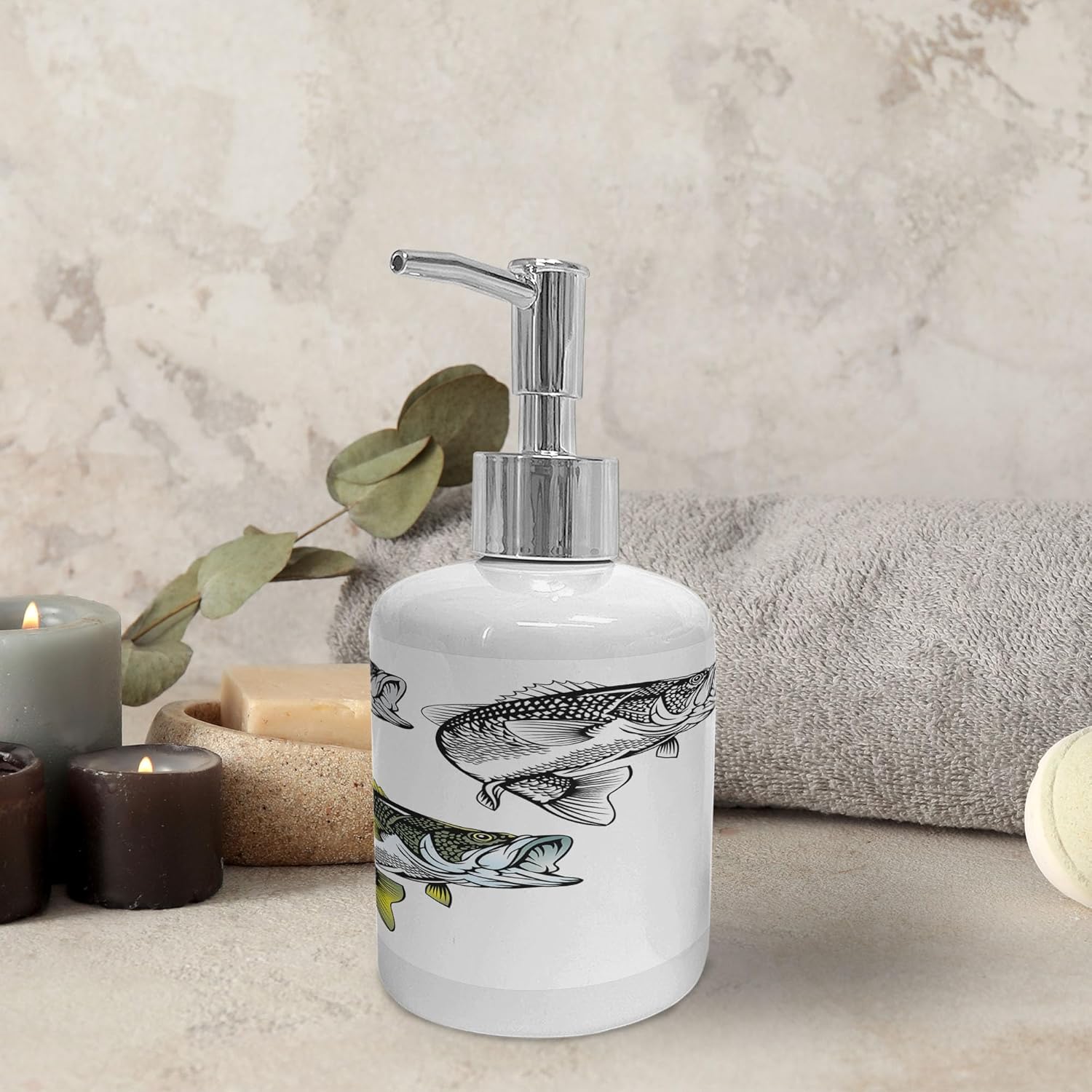 Ambesonne Bass Fish Soap Dispenser Toothbrush Holder Set 2 Pcs