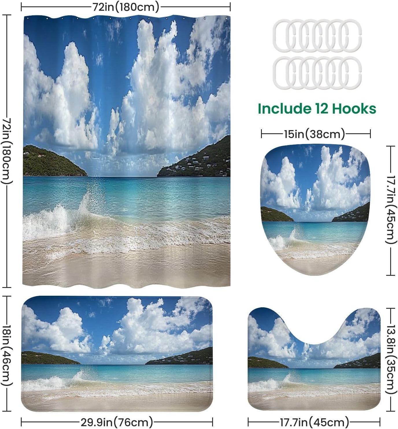 4 Piece Shower Curtain Set with Non-Slip Rugs and Cushions