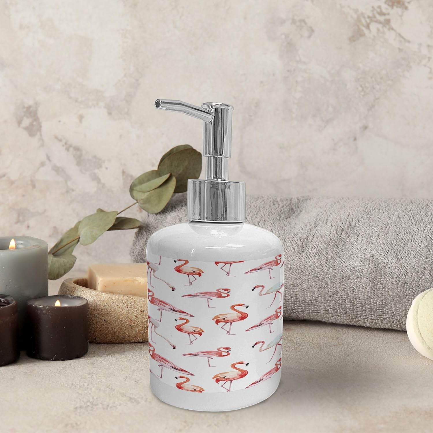 Ambesonne Flamingo Soap Dispenser Toothbrush Holder Set Pale Pink Coral