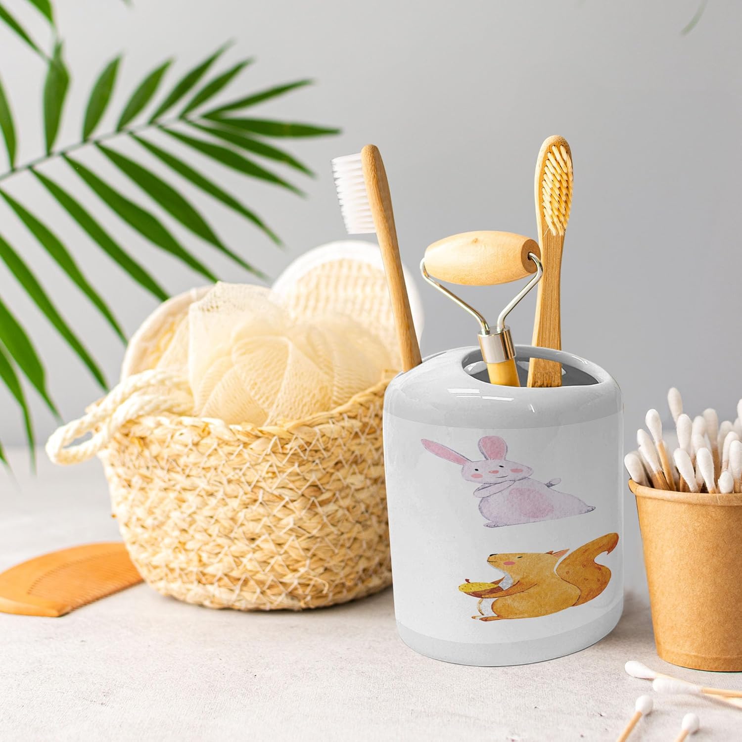 Ambesonne Animals Soap Dispenser Toothbrush Holder Set Ceramic 2 Pcs