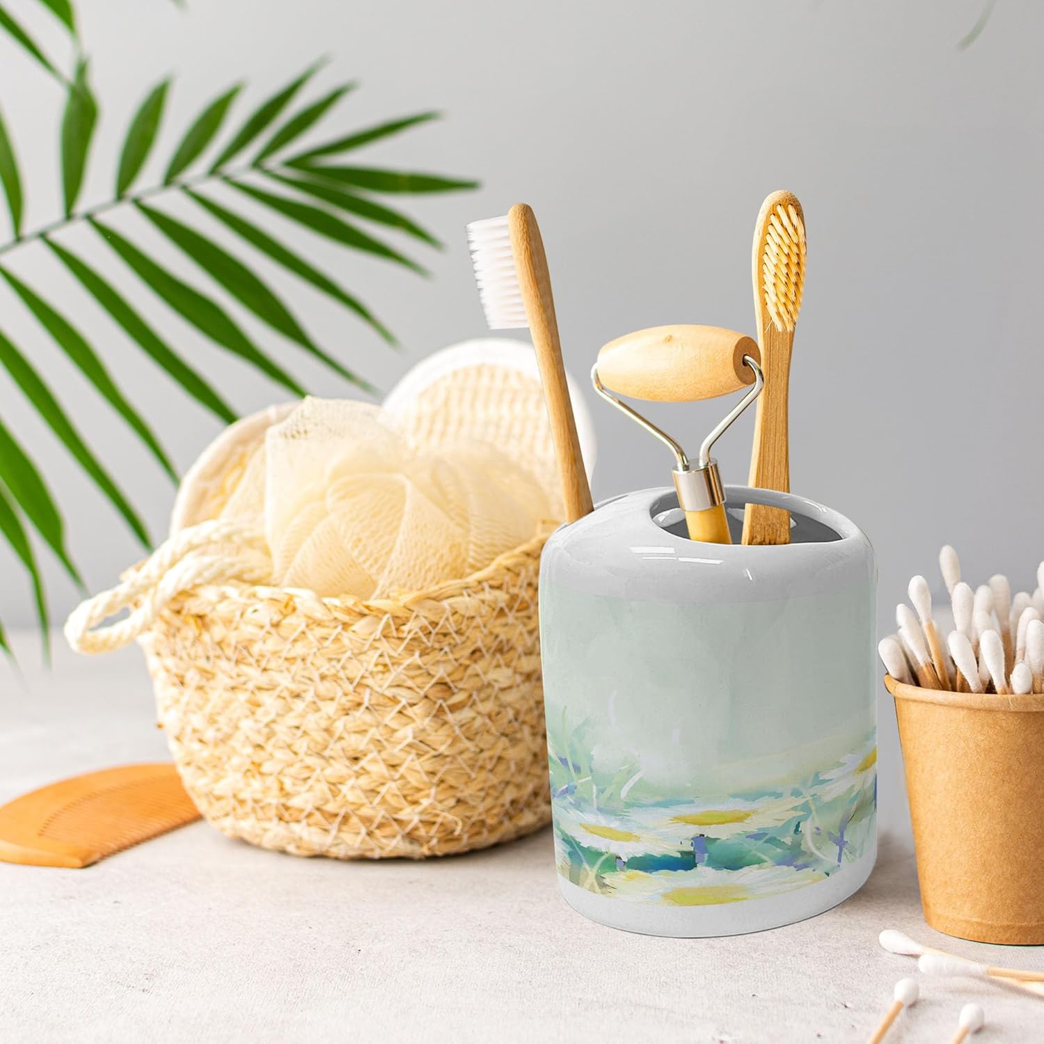 Ambesonne Flower Soap Toothbrush Holder Set Ceramic Pale Blue White