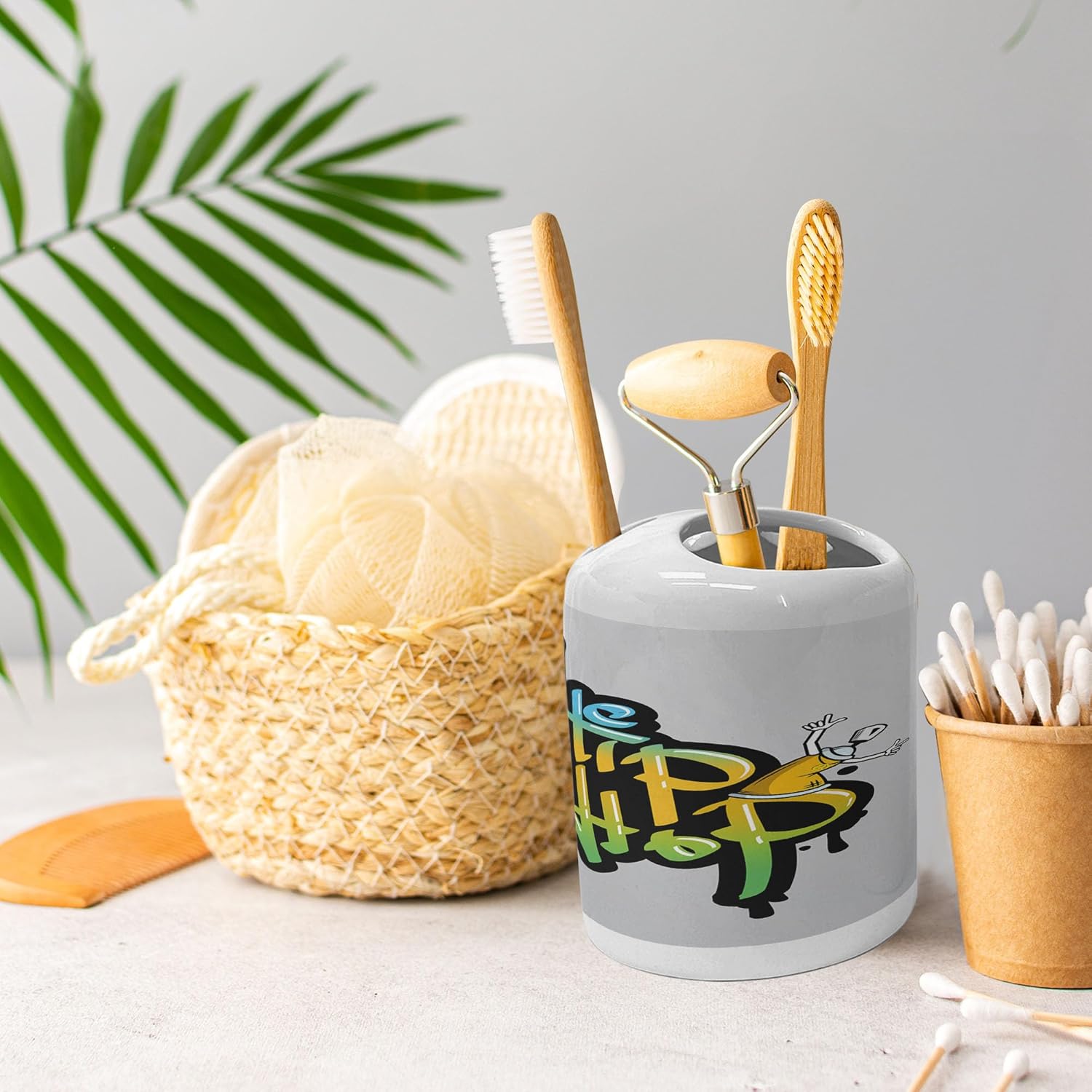 Ambesonne Graffiti Soap Dispenser Toothbrush Holder Set 2 Pcs Pale Taupe