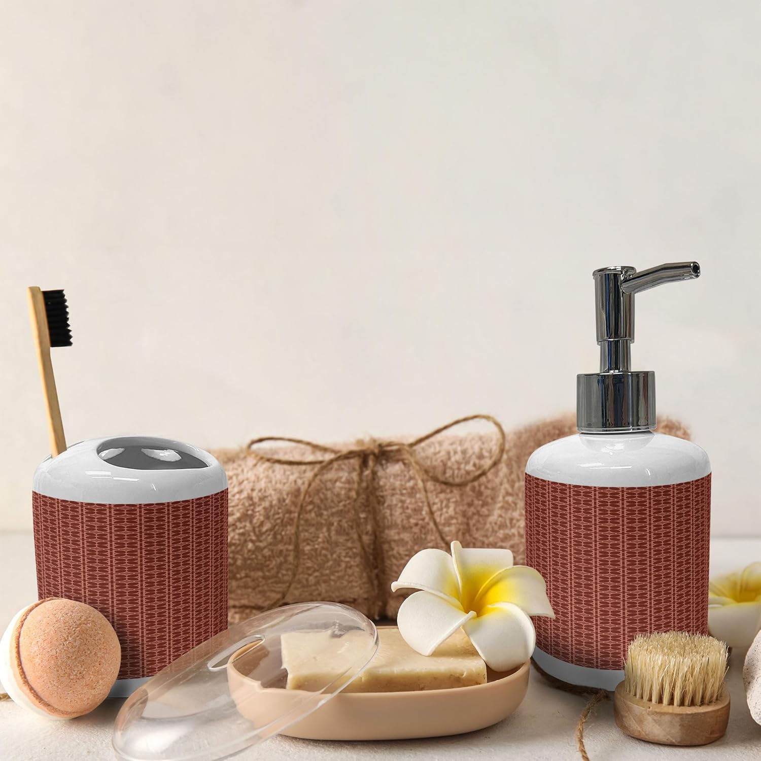 Ambesonne Geometric Soap Dispenser and Toothbrush Holder Set Dark Rust Redwood Ceramic