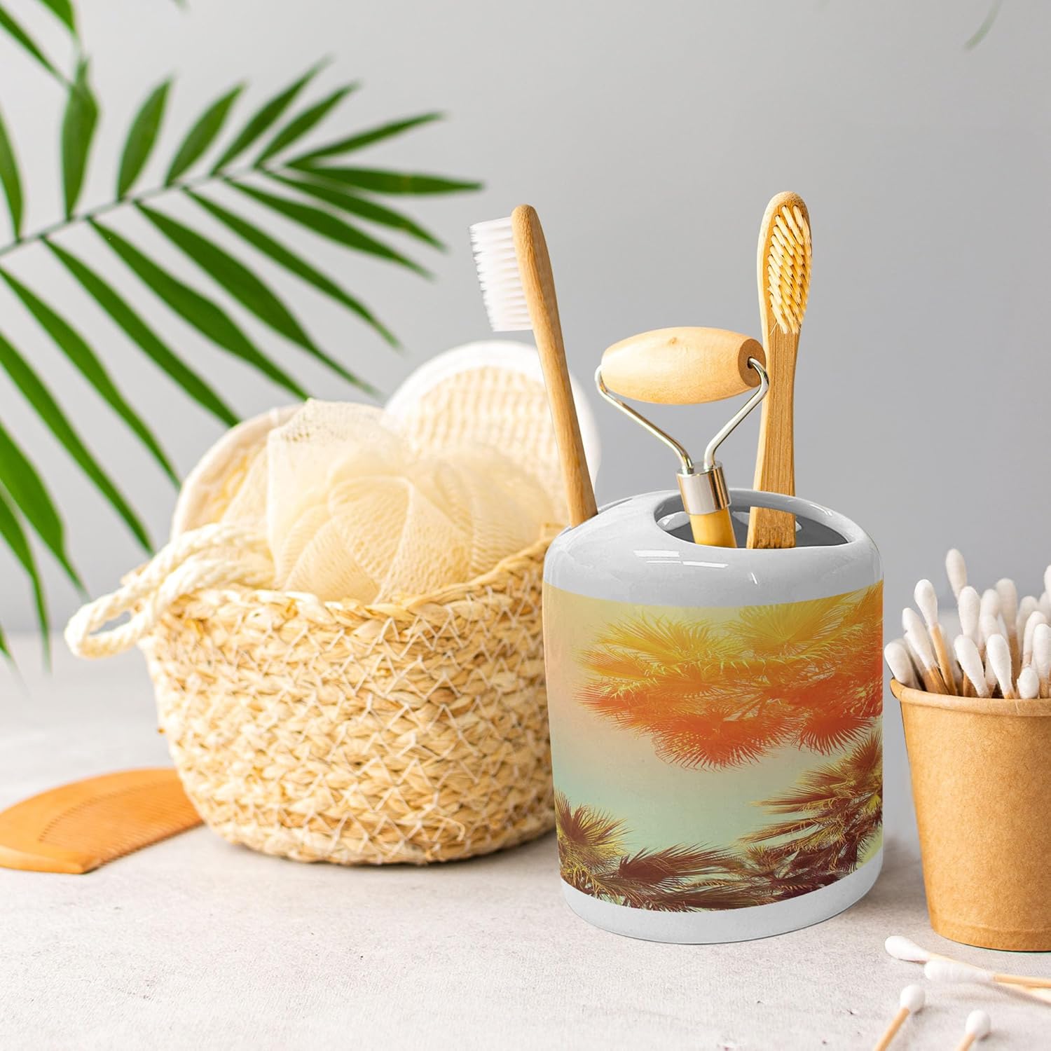 Ambesonne Ceramic Soap Dispenser Toothbrush Holder Set Orange Green
