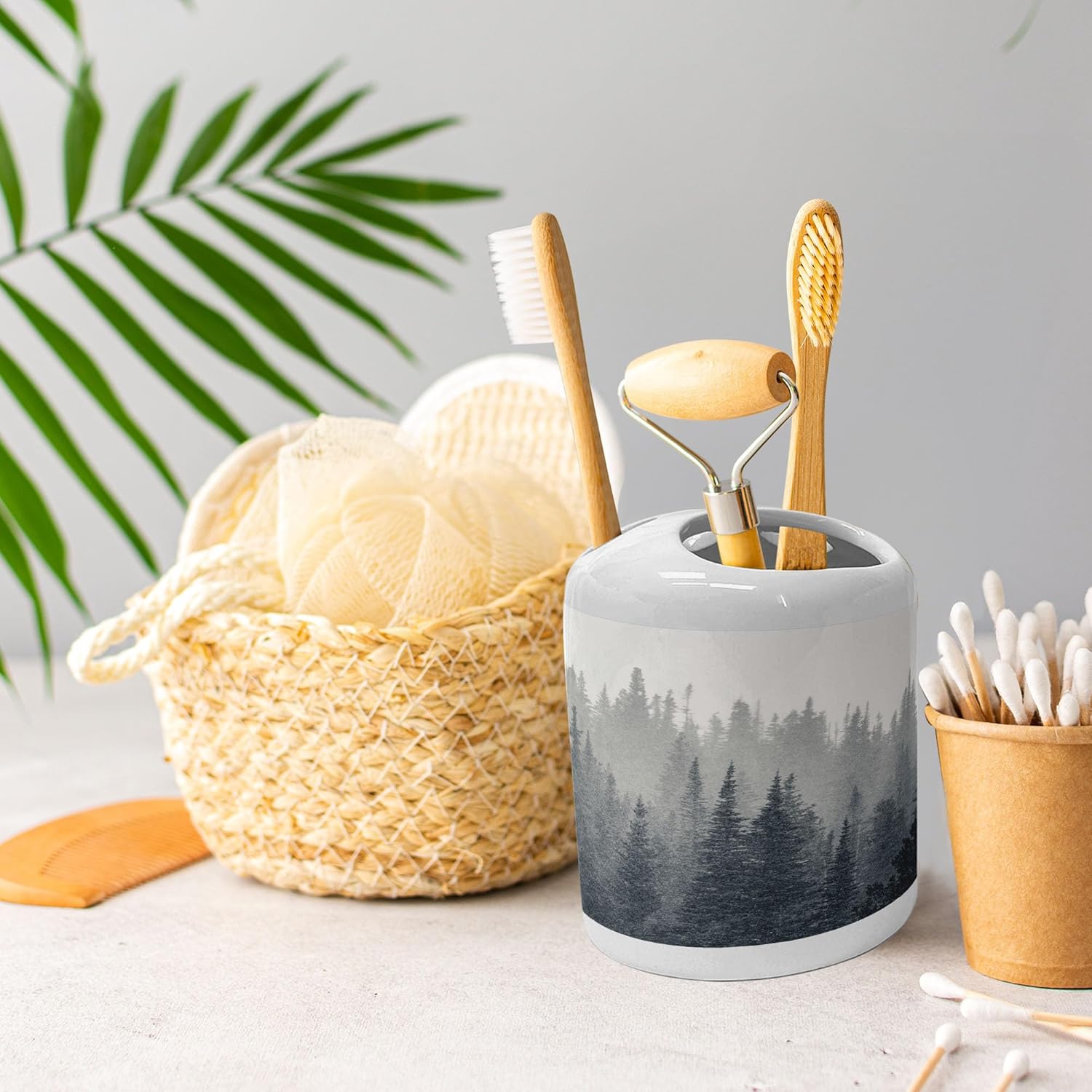 Ambesonne Dark Slate Blue Bathroom Set with Pine Trees Scene