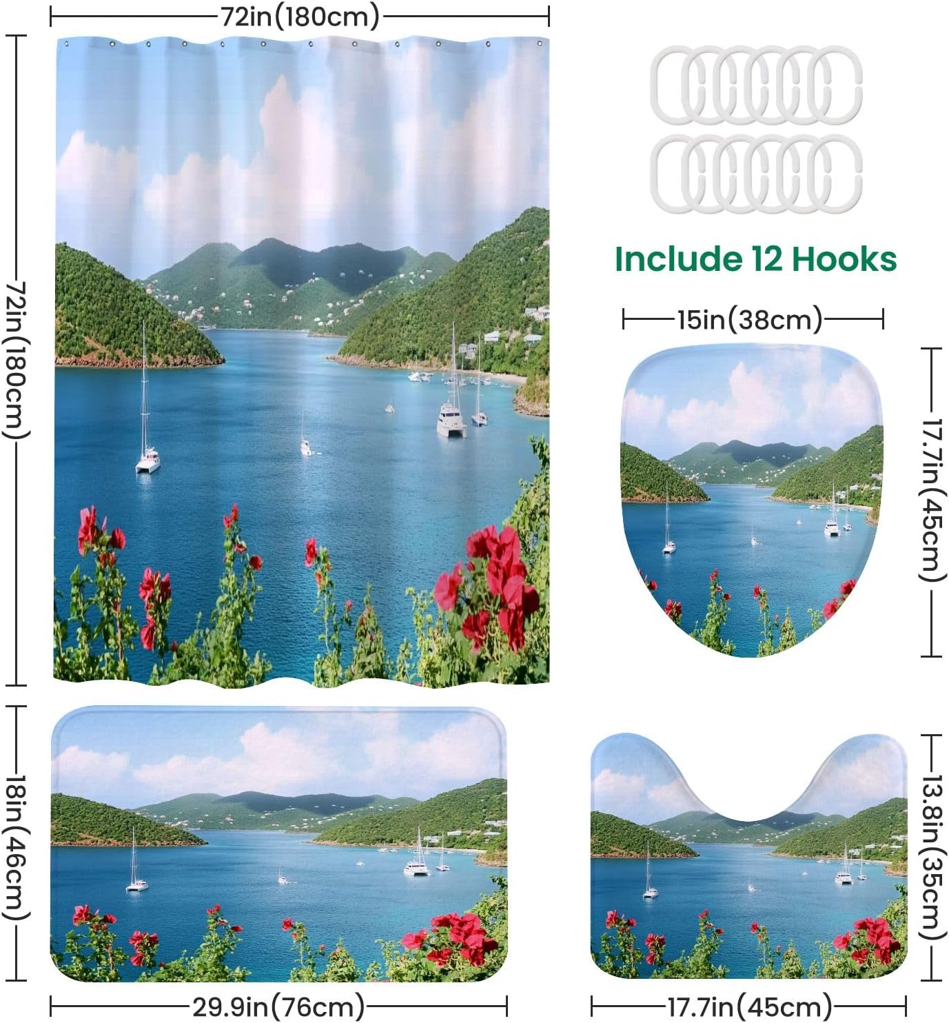 4 Piece Shower Curtain Set with Non-Slip Rugs and Mat