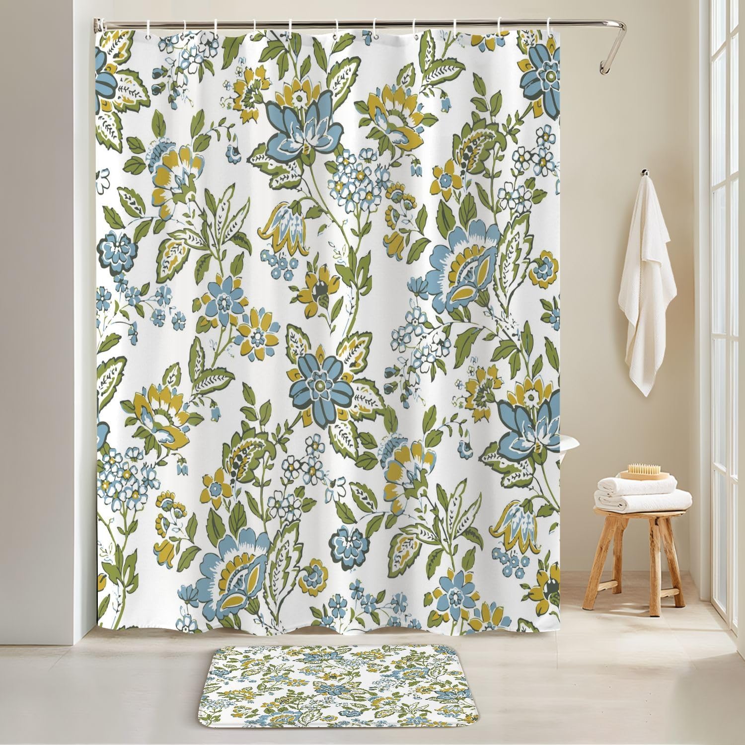 4 Piece Shower Curtain Set with Rugs and Toilet Lid Cover
