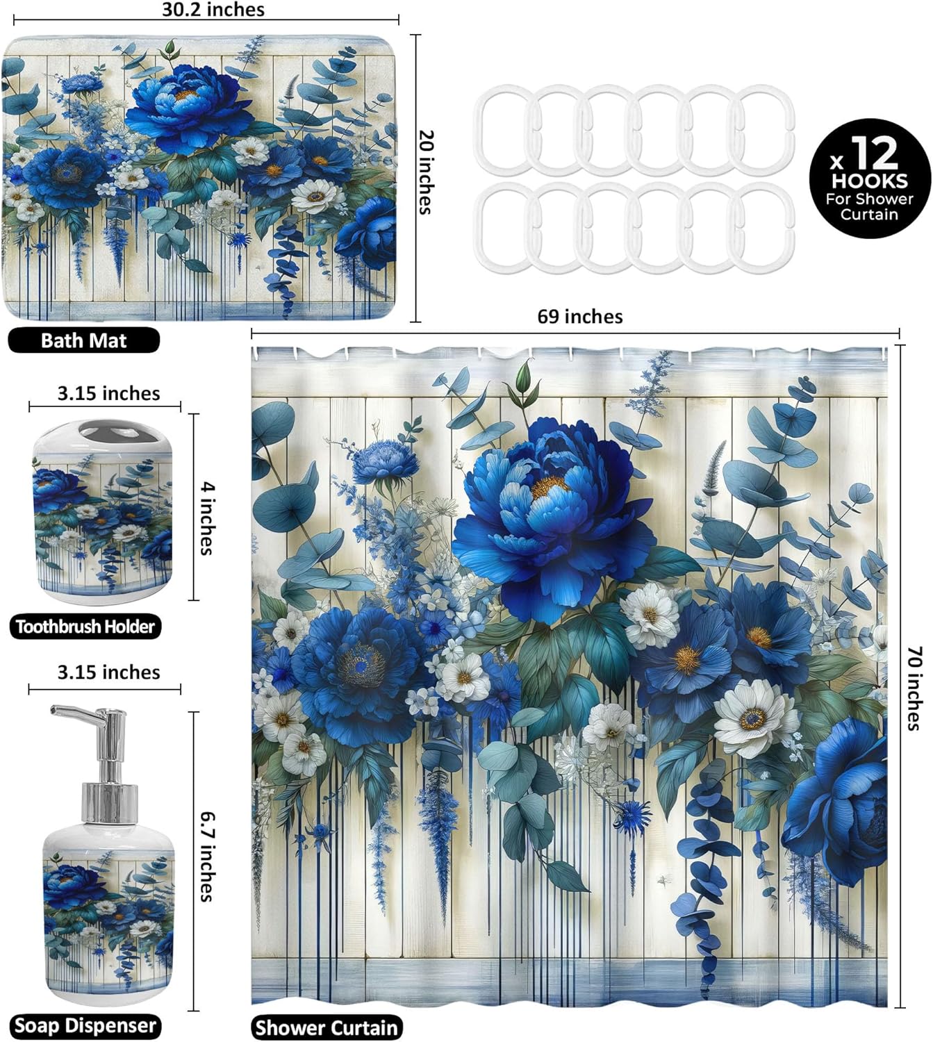 Ambesonne Blue Bathroom Decor Set 4 Pcs
