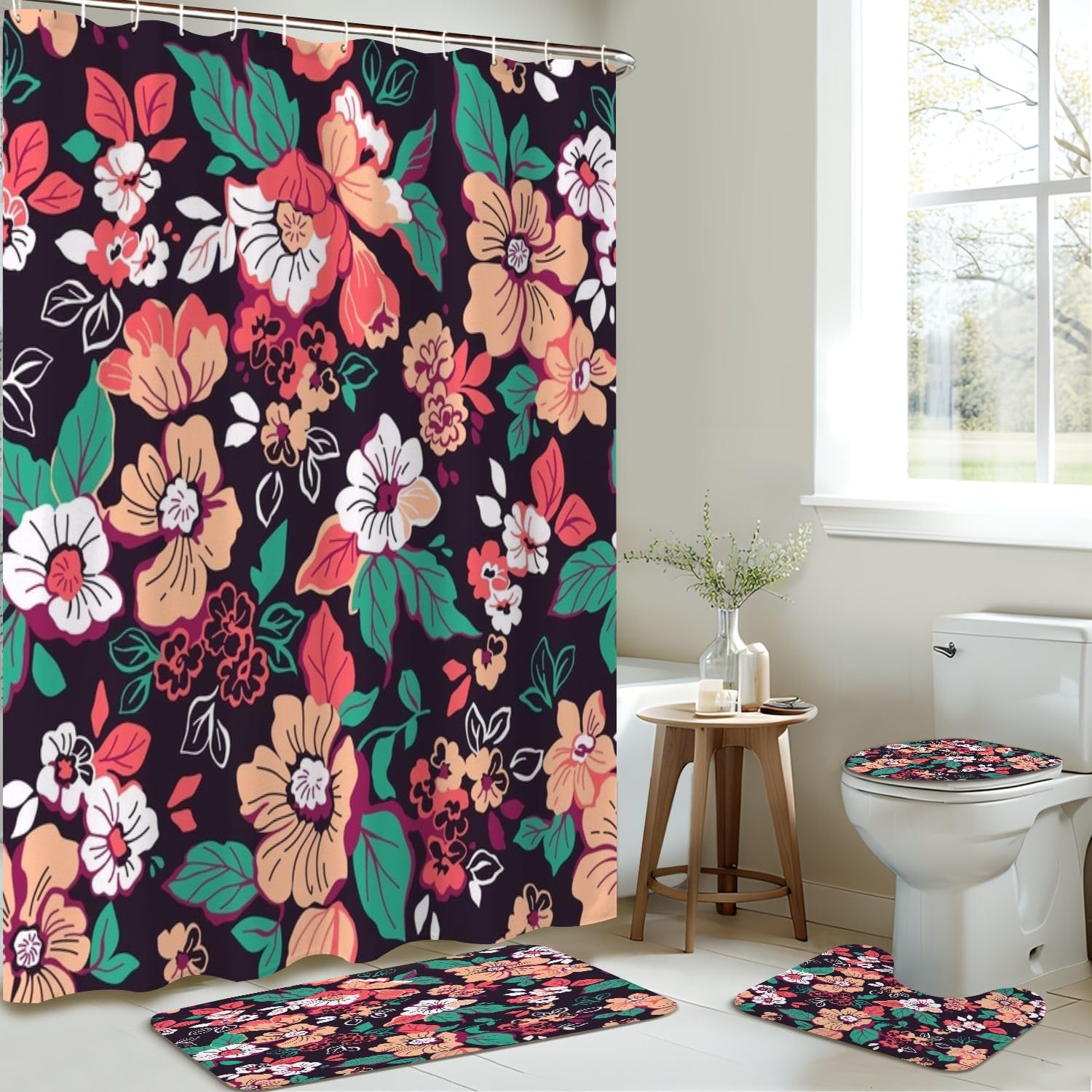 4 Piece Shower Curtain Set with Rugs Mats and Floral Pattern