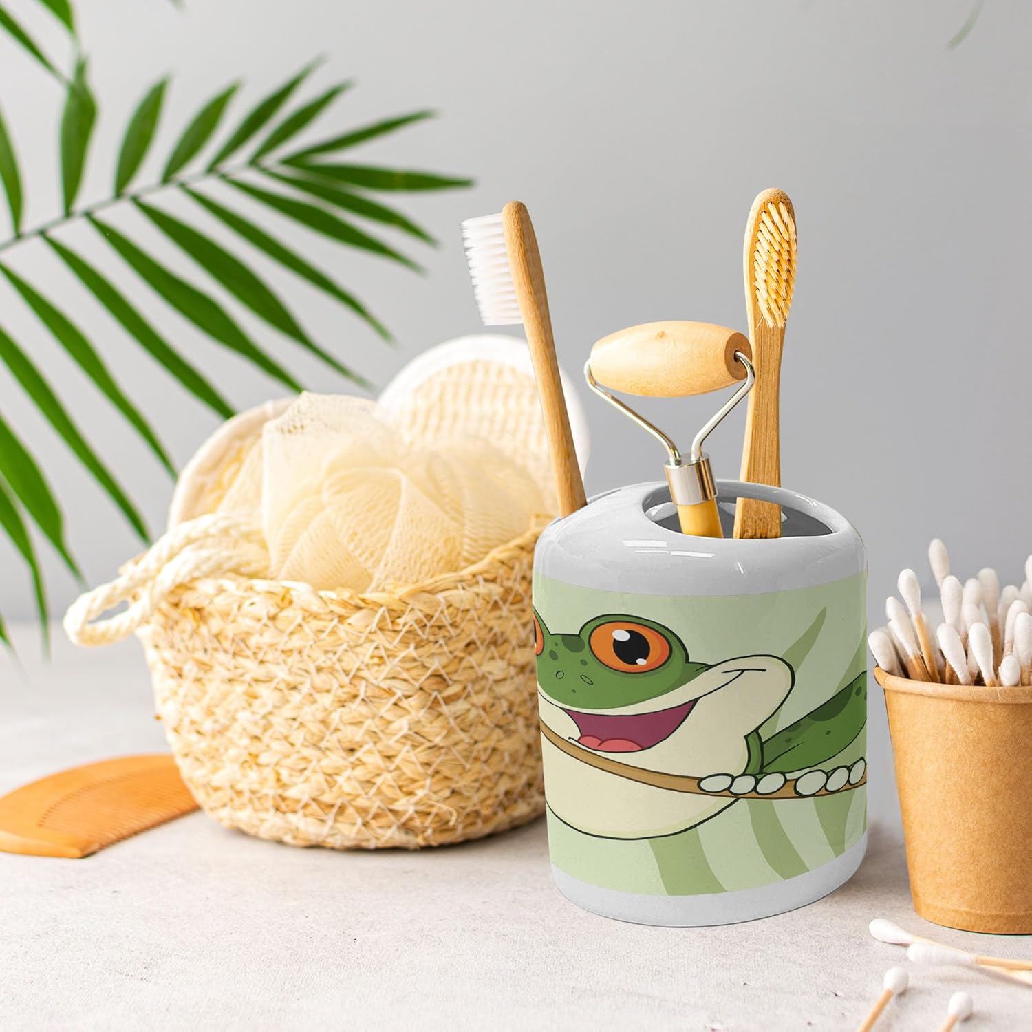 Ambesonne Frogs Soap Dispenser Toothbrush Holder Set