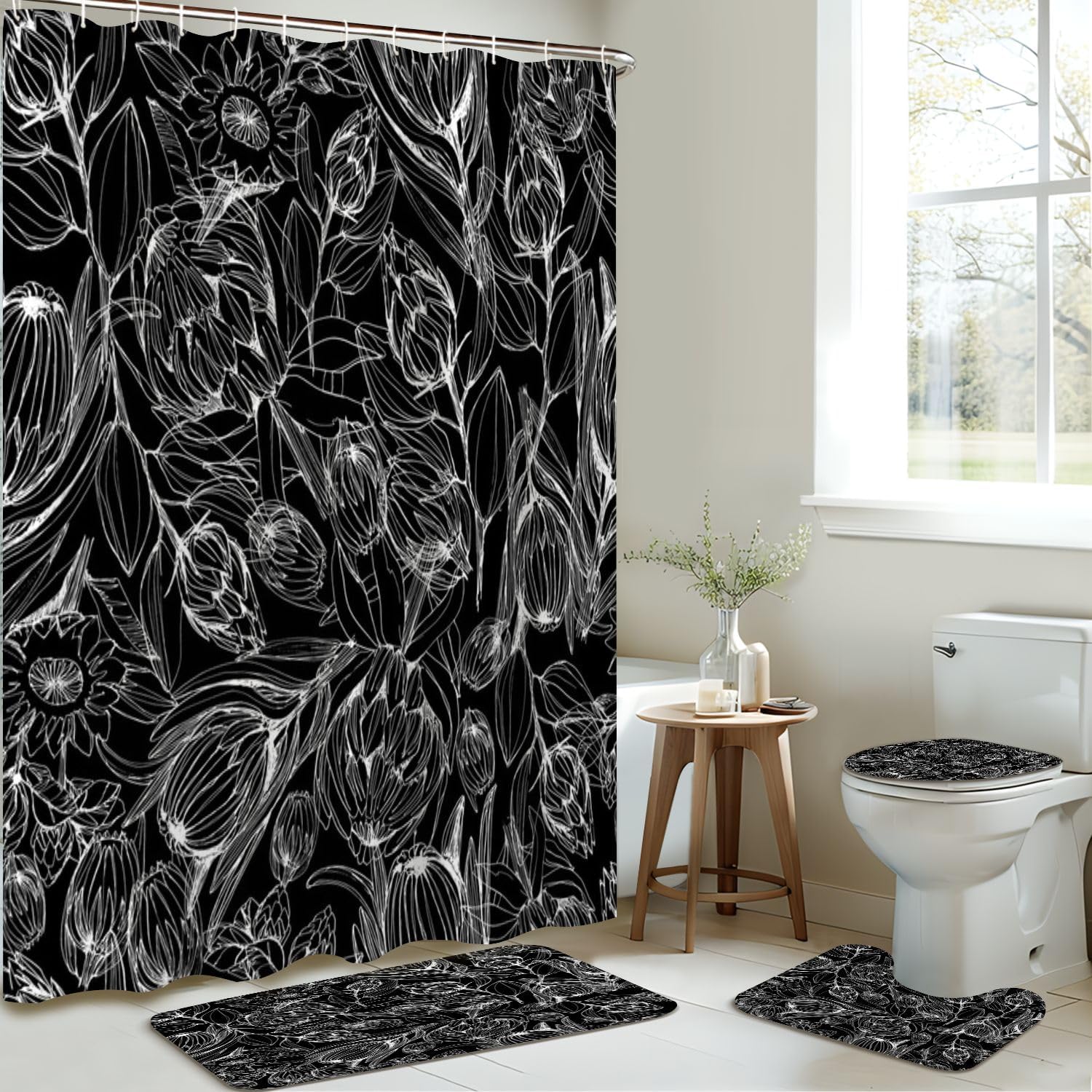 4 Piece JCOOKLOFTS Shower Curtain Set with Rugs and Mats 1