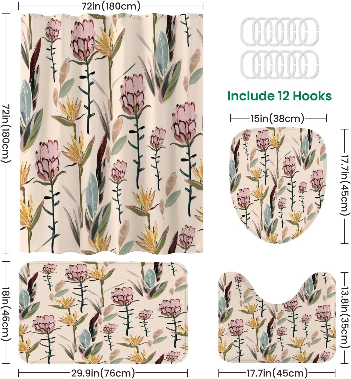 4 Piece Shower Curtain Set with Rugs Mats and Toilet Lid Cover