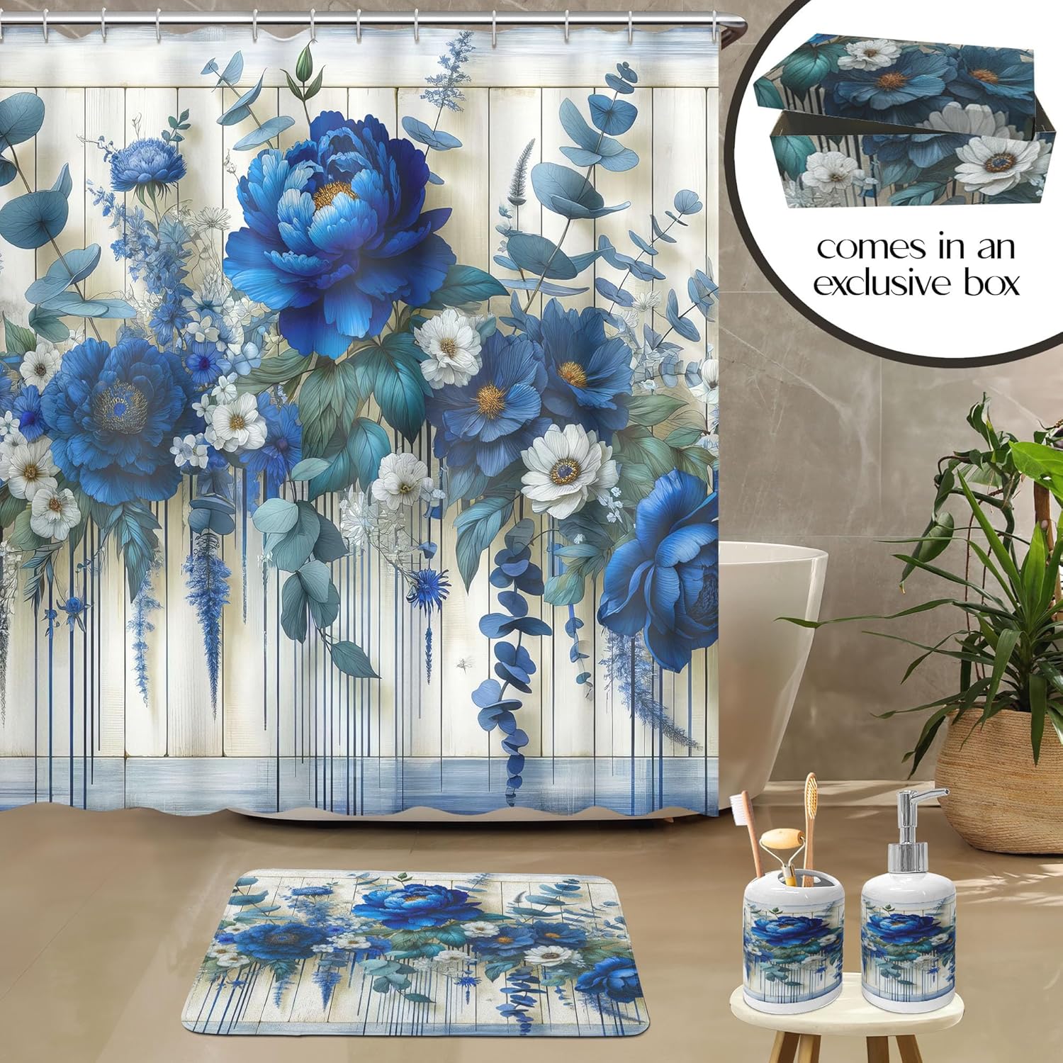 Ambesonne Blue Bathroom Decor Set 4 Pcs