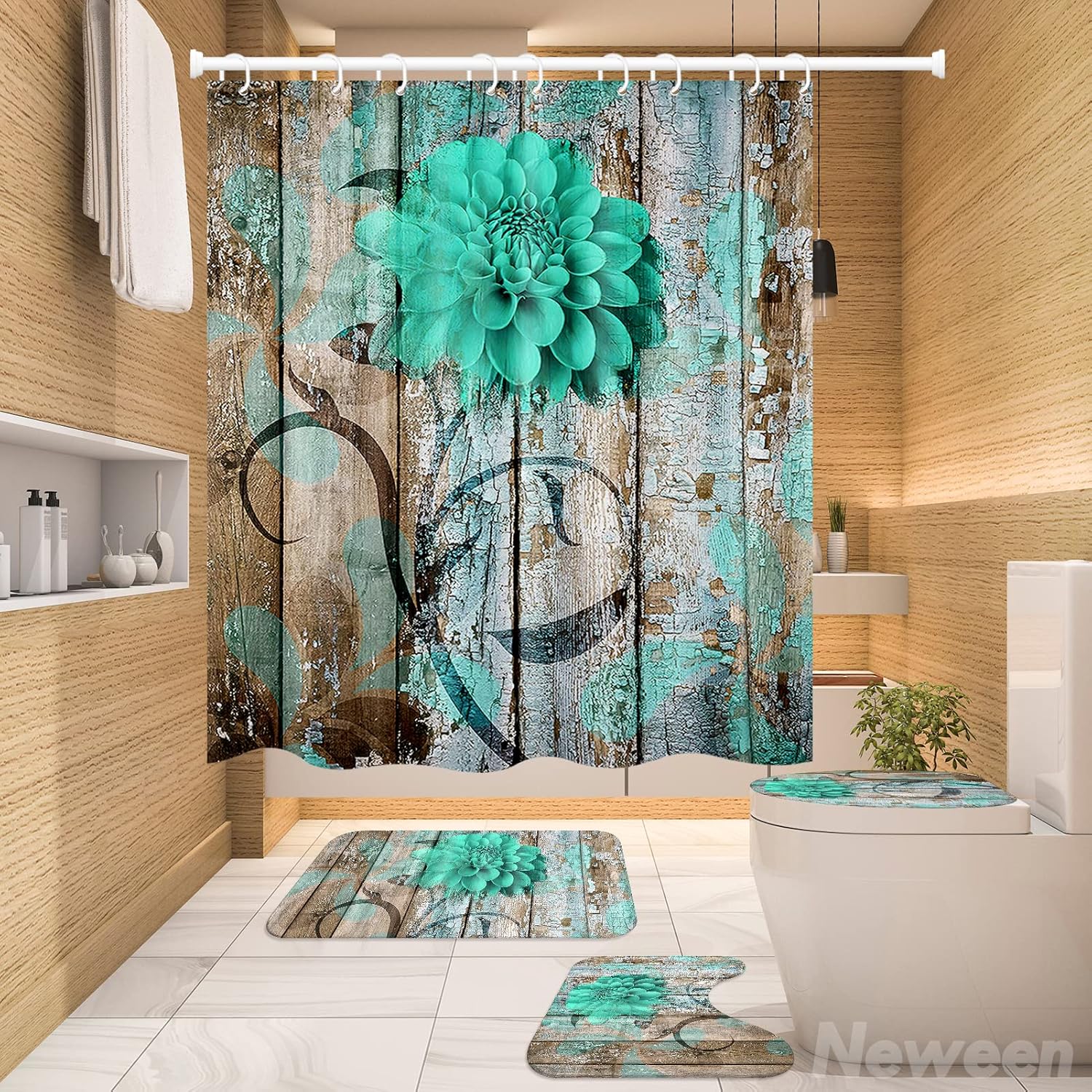 Neween 4 Pcs Green Flower Bathroom Set