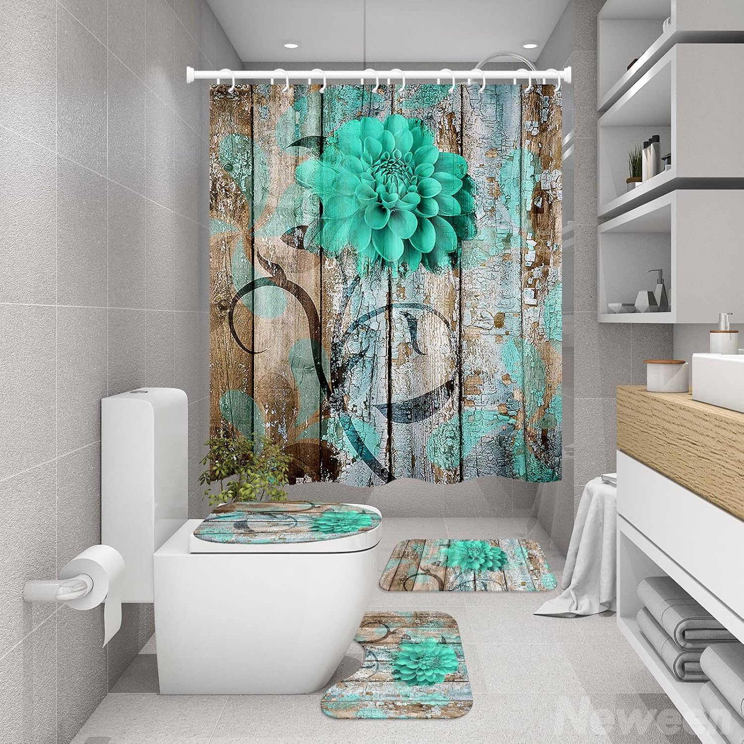 Neween 4 Pcs Green Flower Bathroom Set