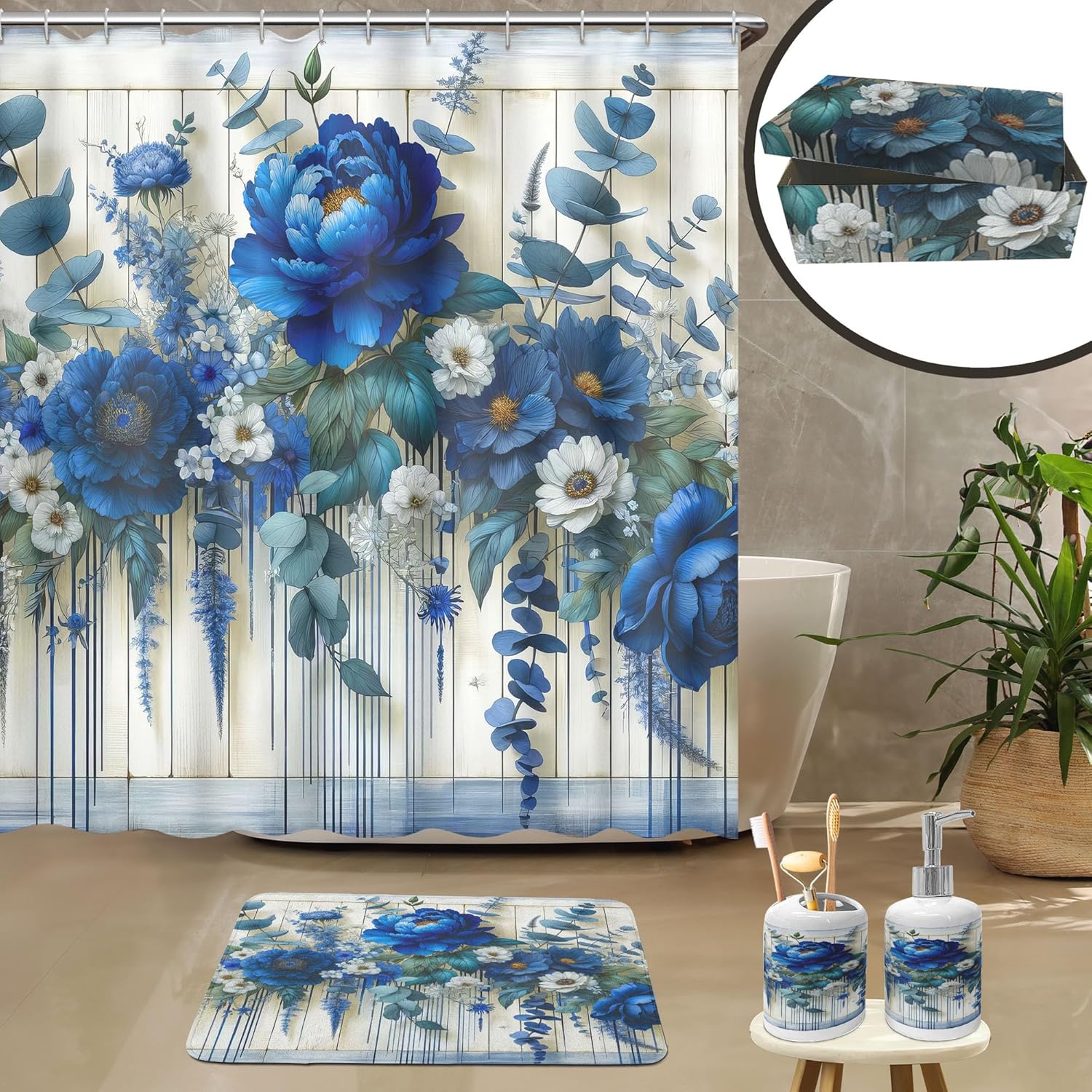 Ambesonne Blue Bathroom Decor Set 4 Pcs